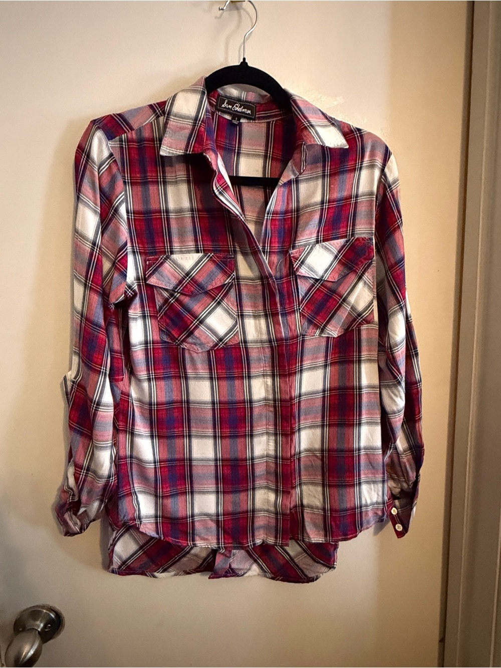 Sam Edelman Red and White Plaid Button-Down Shirt